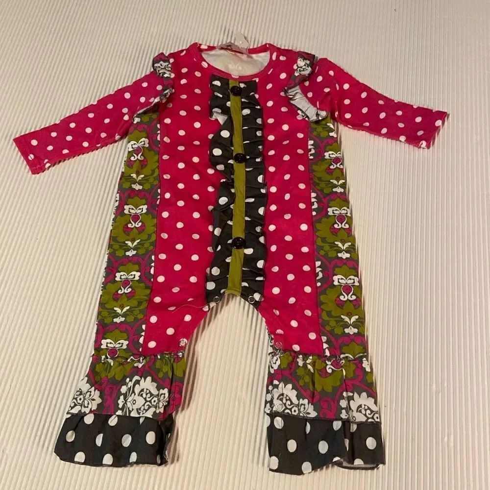 Boutique Romper Ruffled Legs Polka Dot & Damask 12 Month
